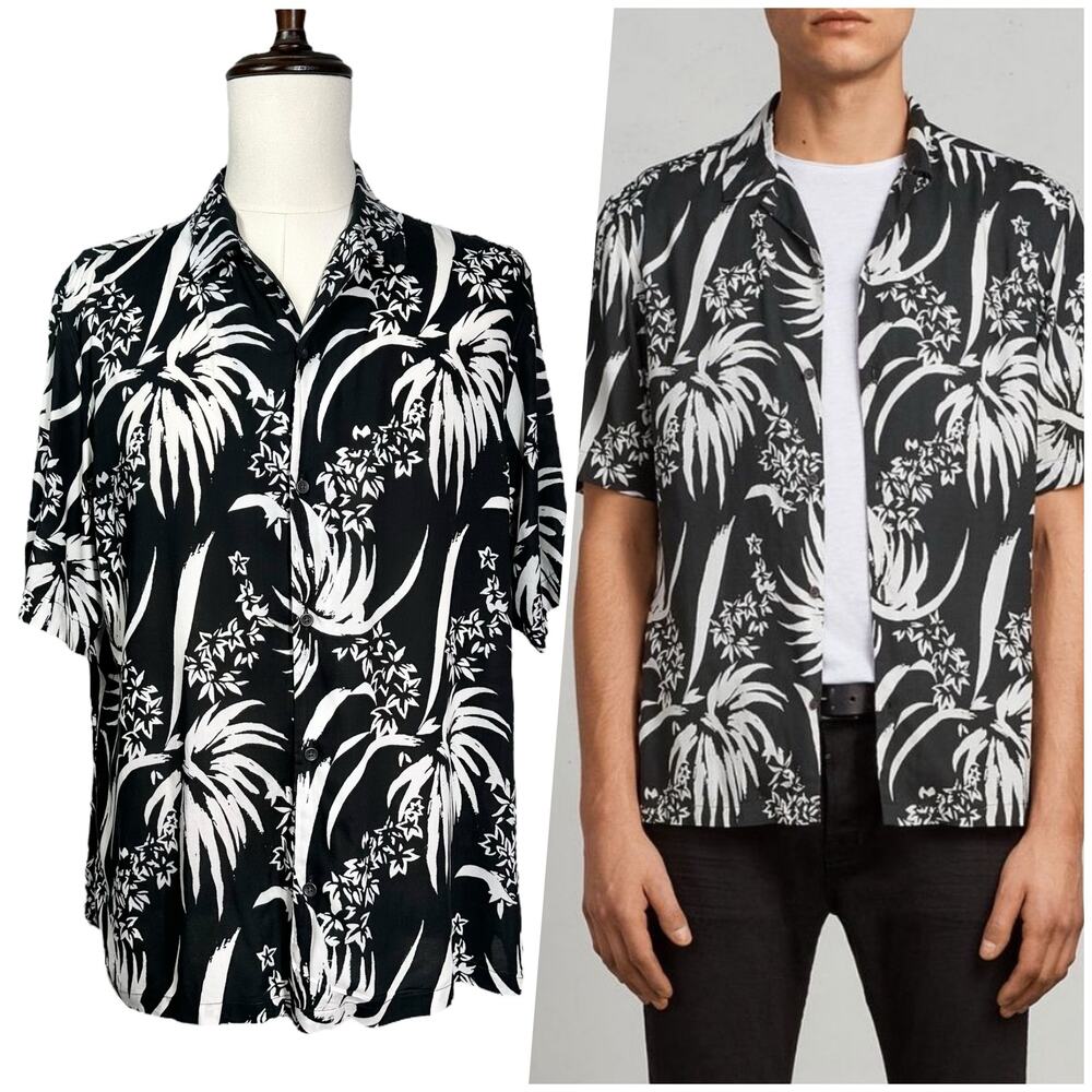 AllSaints | Men | Koloa Palm Hawaiian Shadow Camp Button Up Shirt | Large